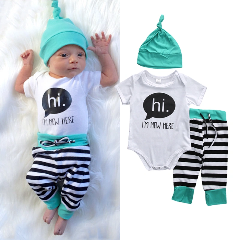 Baby 3PCS Outfit Set, Letter Printed Romper, Long Striped Pants, Beanie Hat Set