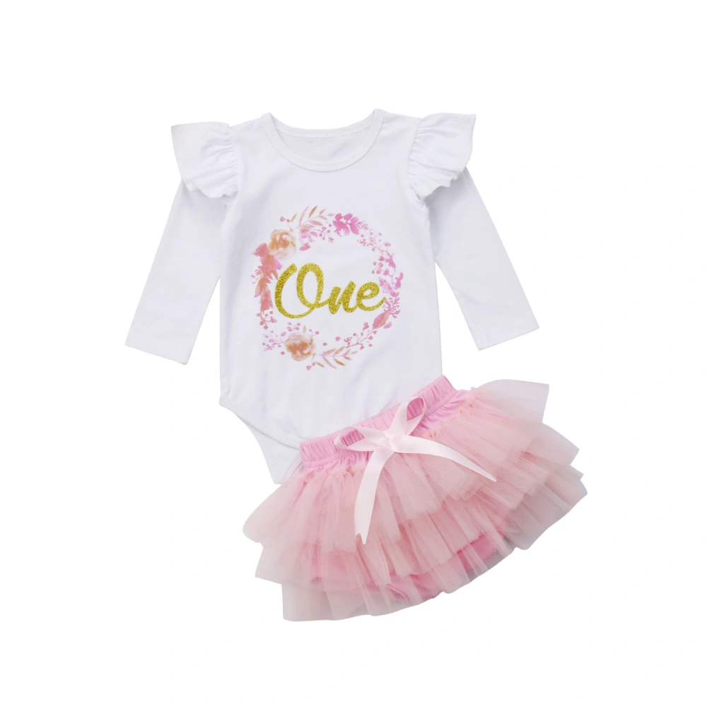 Baby Girl 2PCS Outfit Set, Long Ruffle Sleeve Romper, Short Mesh TuTu Skirt Pant