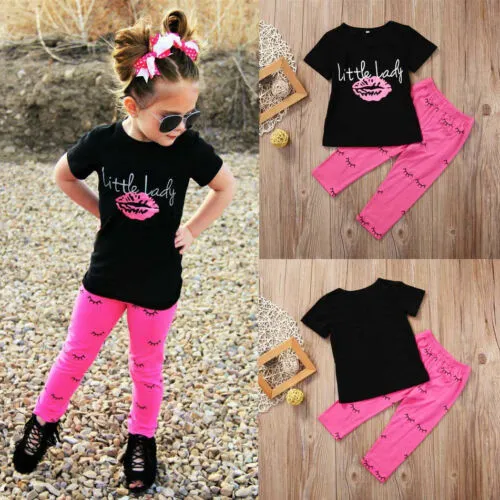 2 Pcs Kids Girls Casual Suits, Lips Printed  T-shirt Long Pant Outfits