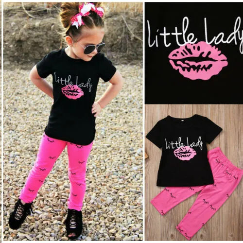 2 Pcs Kids Girls Casual Suits, Lips Printed  T-shirt Long Pant Outfits