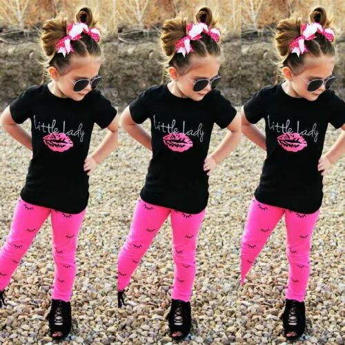 2 Pcs Kids Girls Casual Suits, Lips Printed  T-shirt Long Pant Outfits