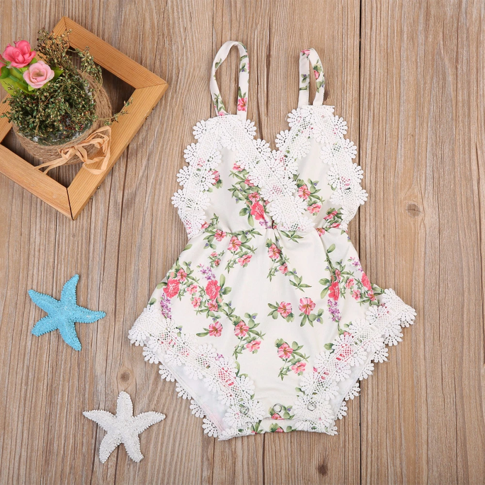 Baby Girls Summer Sleeveless Romper Floral Print V Neck Lace Patchwork Jumpsuit