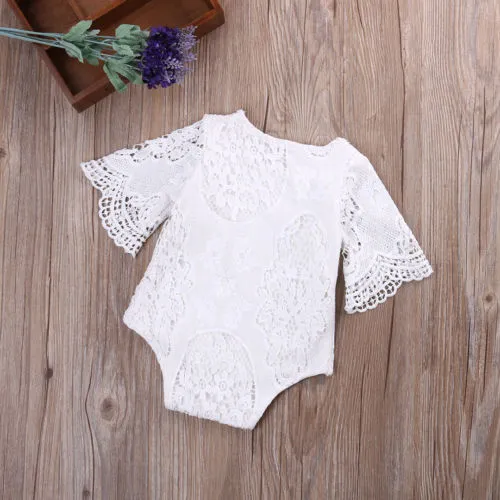 Baby Girl Summer Romper, Hollow Short Sleeve Round Neck Floral Lace Outfit