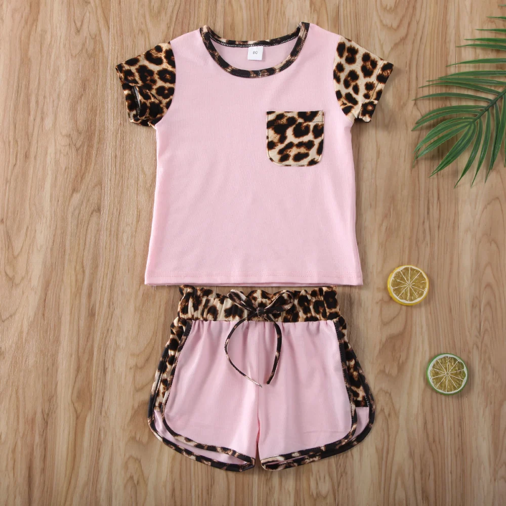 Baby Girls Leopard Print Clothes Set, O-neck Tops with Pocket+Shorts