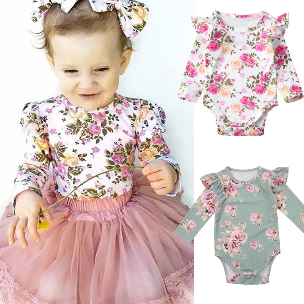 Baby Girls Long Sleeve Romper Infant Floral Print O Neck Jumpsuit