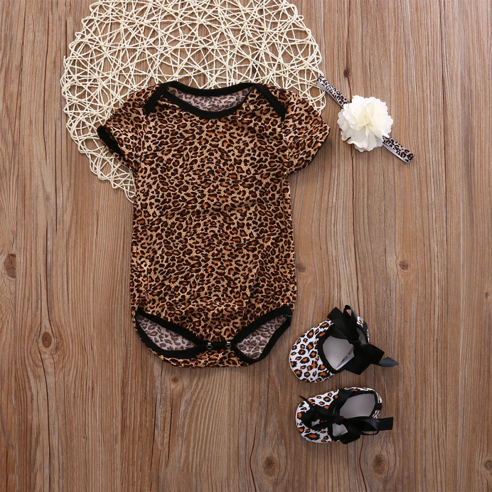 Baby Girls 3PCS Outfit Set, Floral/Leopard Romper, Headband, Straps Tie Shoes