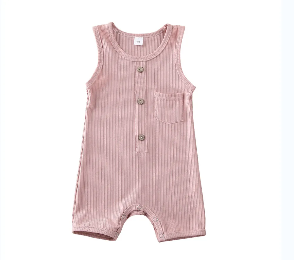 Baby Summer Romper, Solid Color Sleeveless Button Closure Ribbed Jumpsuit