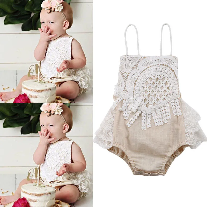 Newborn  Baby Girls Solid Hollow Out Romper with Lace Ruffles