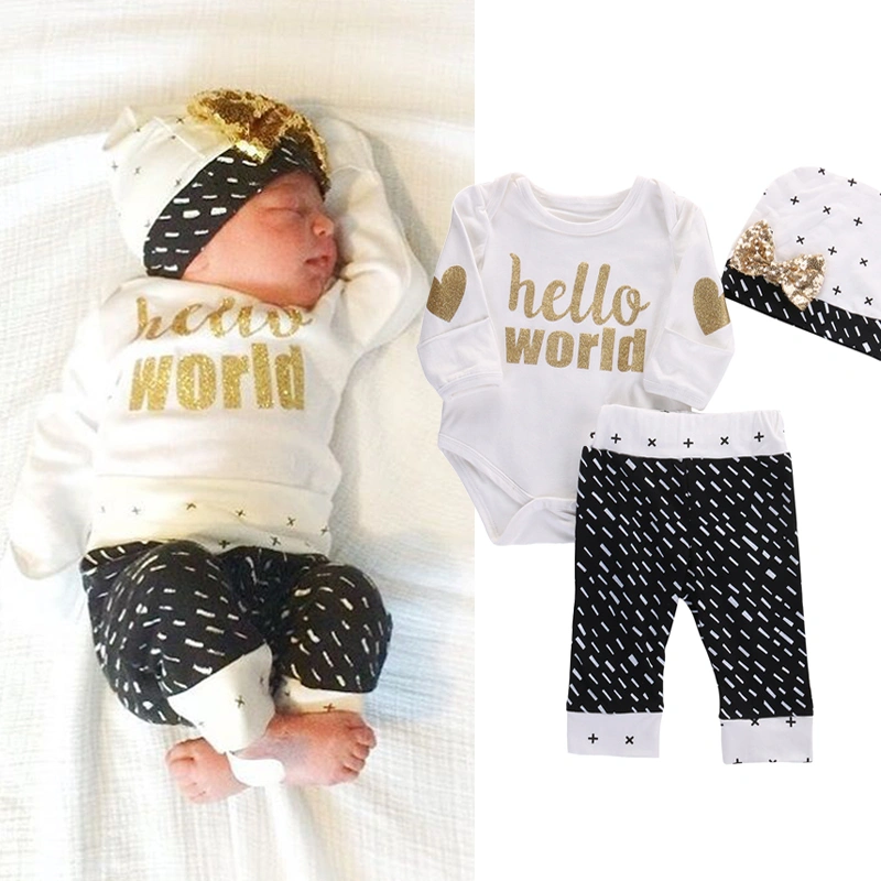 Newborn Baby Girl Boy Clothes Set Romper + Pants + Sequin Bow Hat