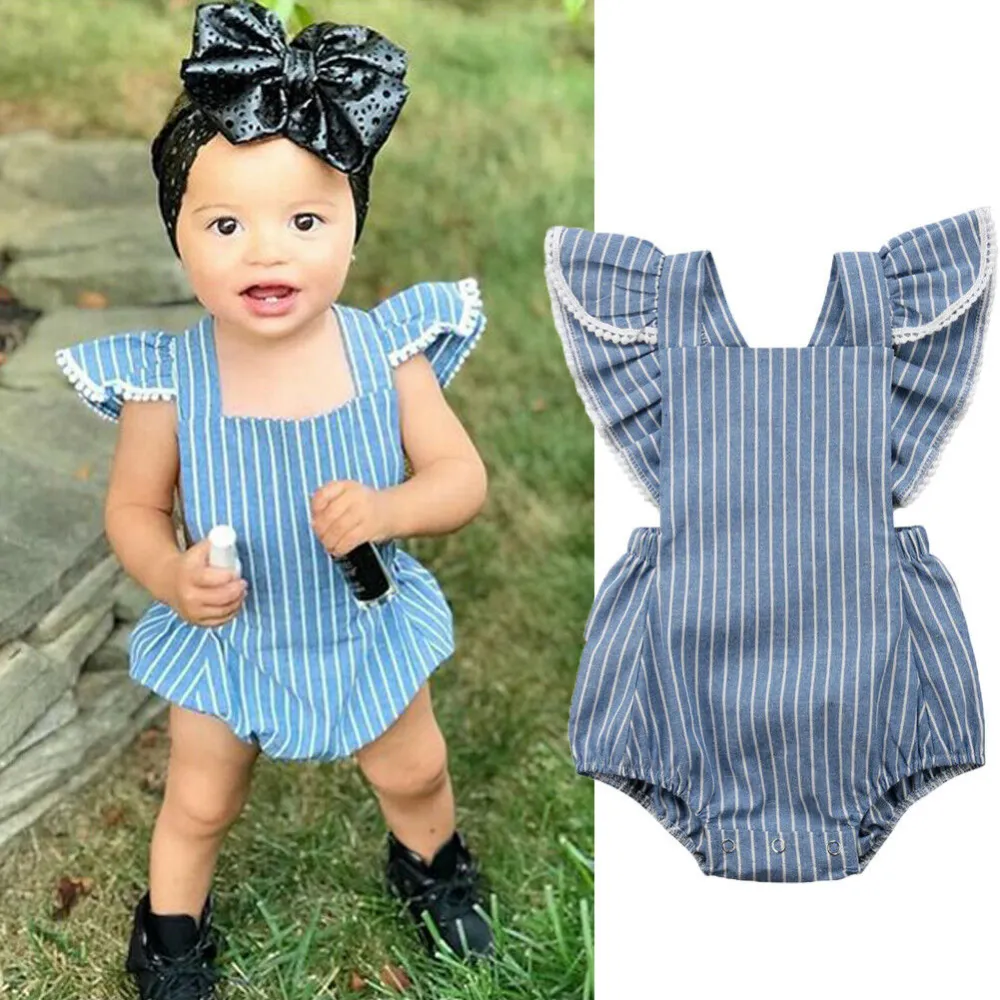 Baby Girls Summer Sleeveless Romper Fly Sleeve Stripe Ruffle Backless Jumpsuit