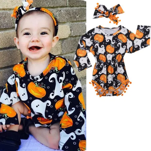 Baby Jumpsuit Set Halloween Pattern Printing Stylish Hairband Casual Romper Suit