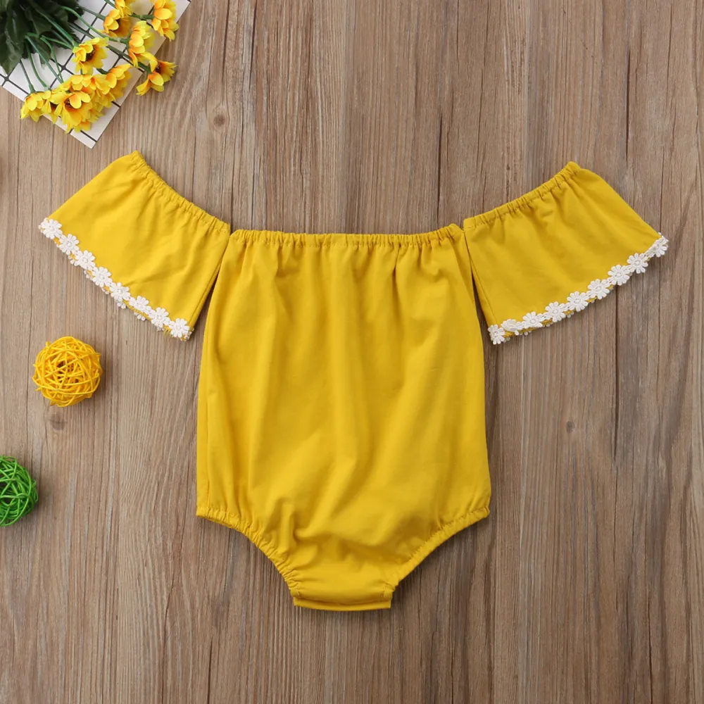 Baby Girls Summer One-piece Clothes Short Sleeve Off Shoulder Solid Color Romper