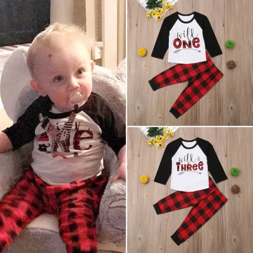 Baby Boy's Long Sleeve Round Neck Letter Print Patchwork Tops + Plaid Pants