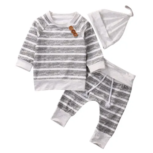 Baby 3PCS Outfit Set, Long Sleeve Wide Striped Top, Long Pant, Beanie Hat Set