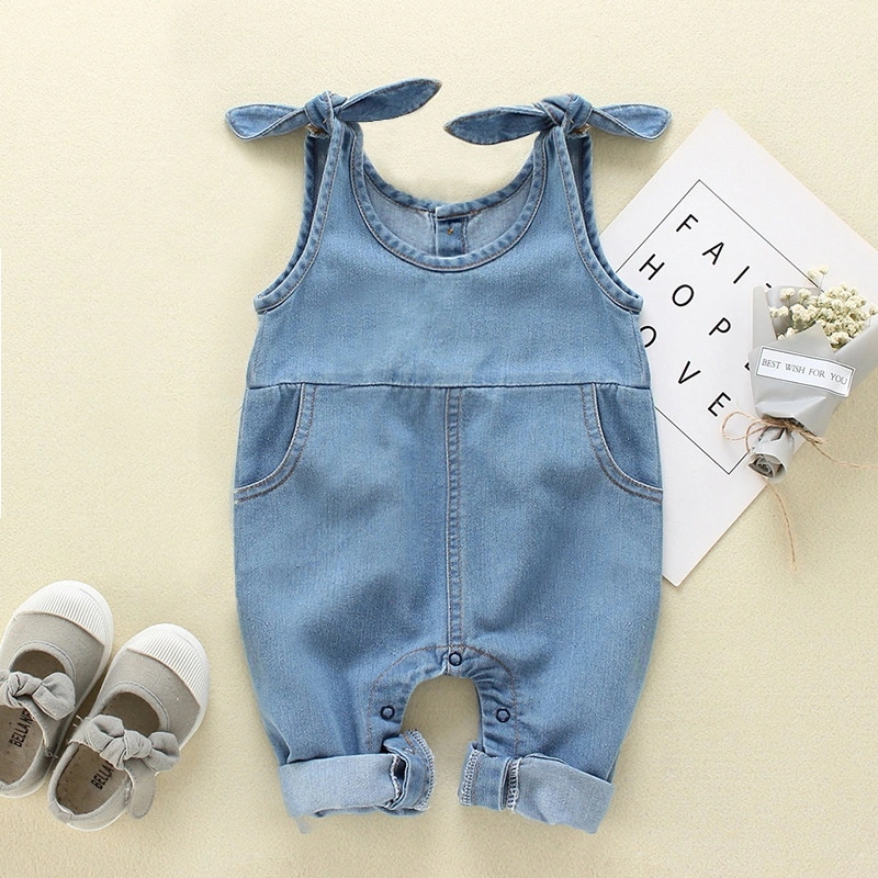 Toddler Summer Rompers, Denim Solid Color O-Neck Sleeveless Jumpsuits