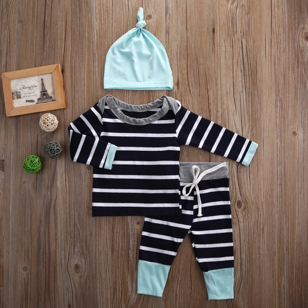 Baby Girls Boys Long Sleeve Striped Top + Striped Drawstring Pants + Hat