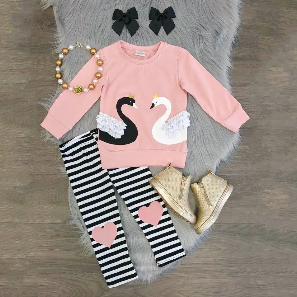 Fashion Kids Girls Clothing Sets 2Pcs 3D Swan Long Sleeve Top Striped Pants