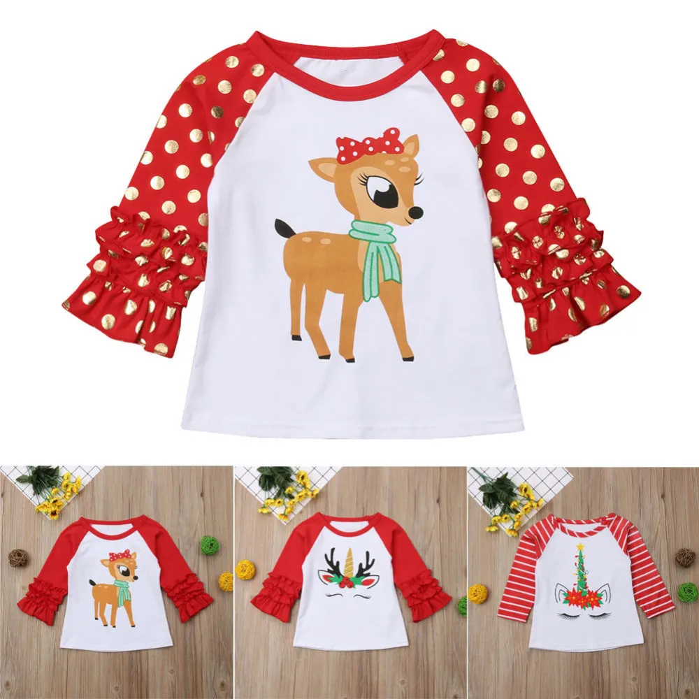 Baby Girl's Polka Dot/Stripe Sleeve Deer/Cartoon Print Patchwork Top