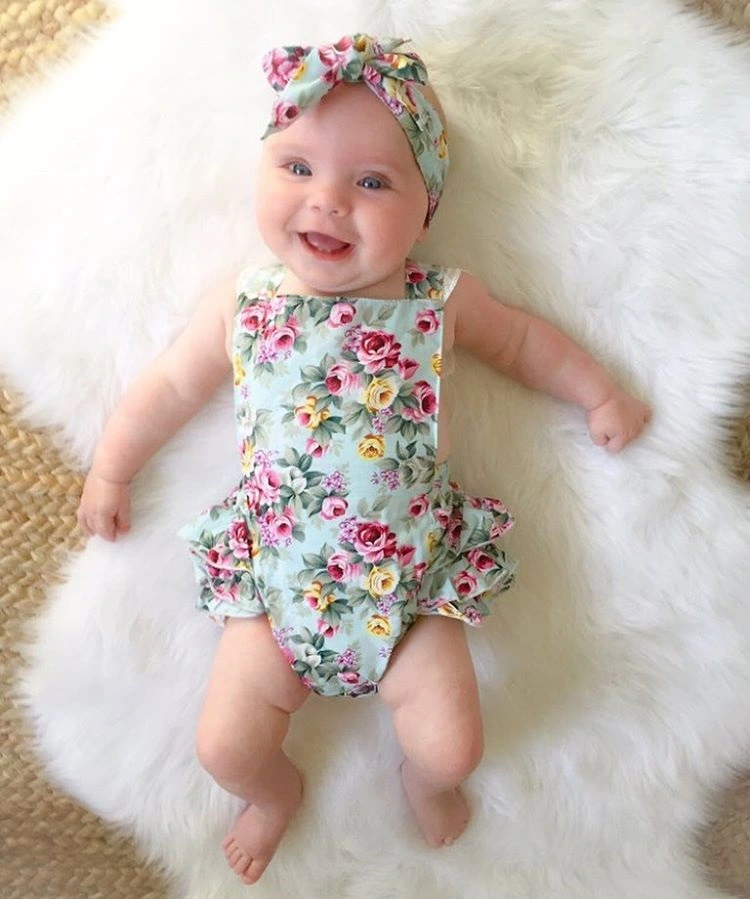 Girls Romper with Headband, Floral Sleeveless Jumpsuit, One-piece Clothes