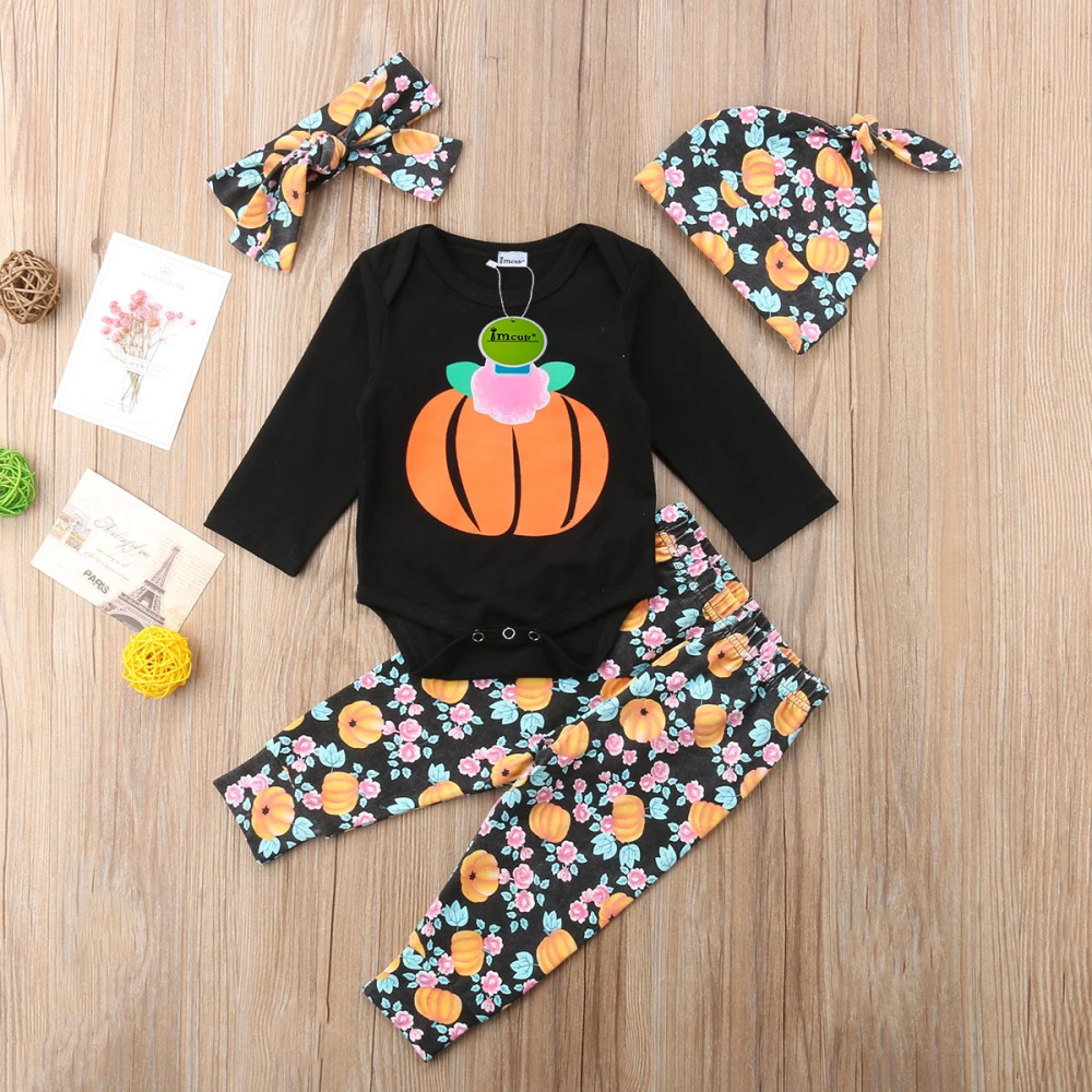 Baby Girl's Black Long Sleeve Romper + Pumpkin Floral Pants + Headband + Hat