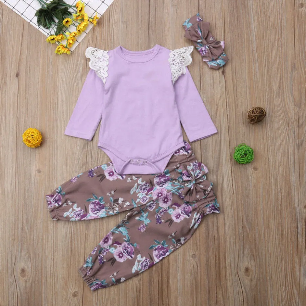 Toddler Girls Purple Long Sleeve Romper + Floral Pants + Headband