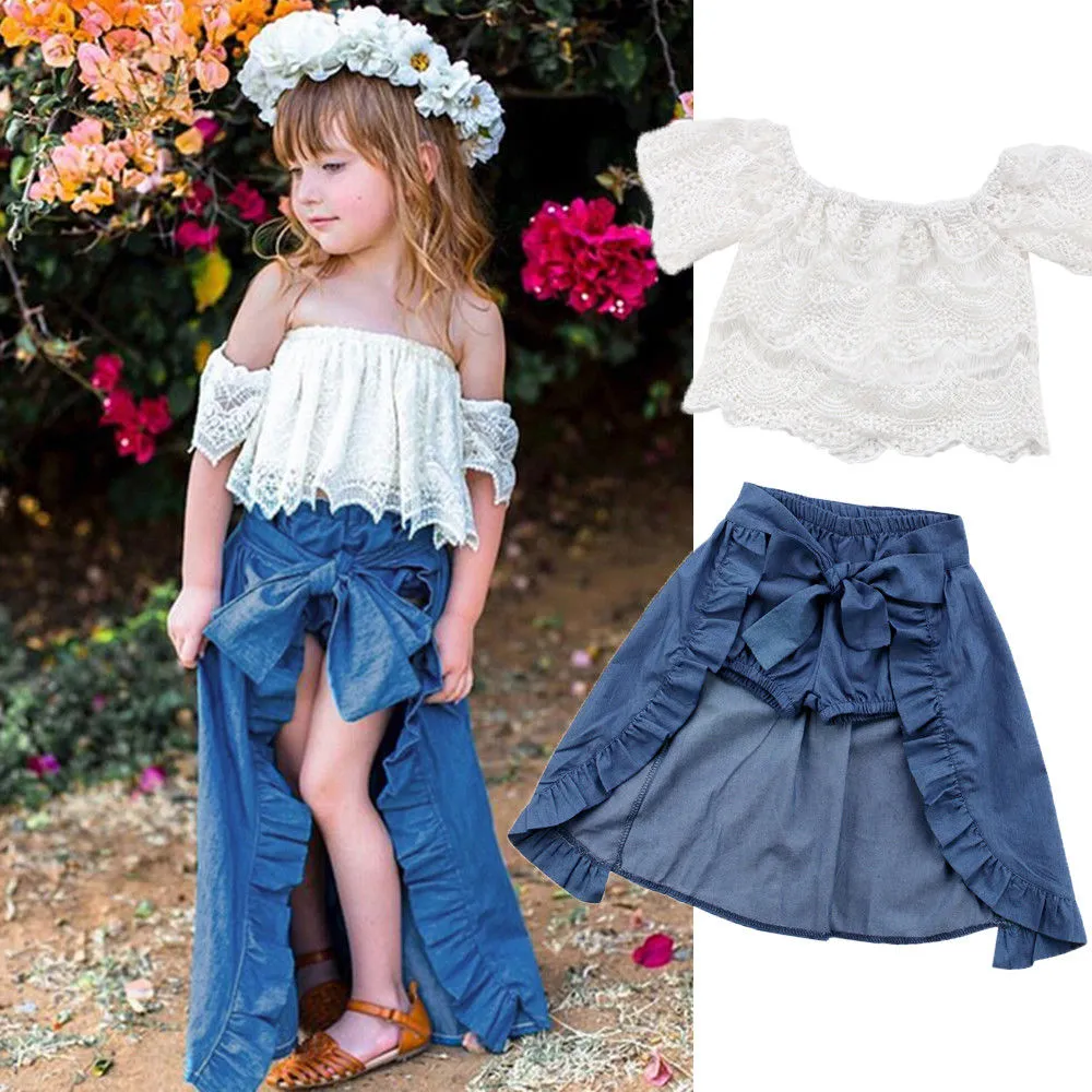 Baby Girl Off Shoulder Top + Short Pants + Bowknot Long Skirt