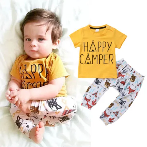 Baby Girl's Yellow Short Sleeve Letter T-shirt + Cartoon Print Pants