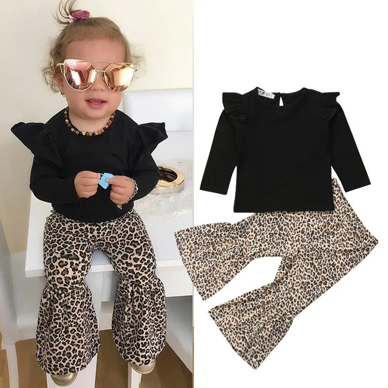 Little Girls 2PCS Outfit Set, Long Sleeve Ruffle Top, Leopard Bell-Bottom Pants