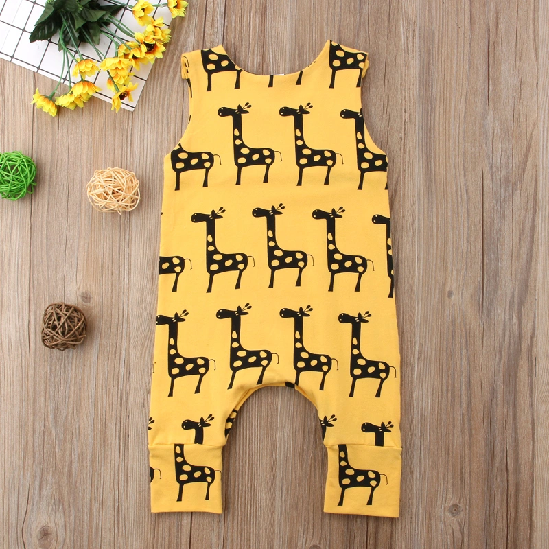 Infant Yellow Sleeveless Romper, Baby Round Collar Giraffe Print One-piece