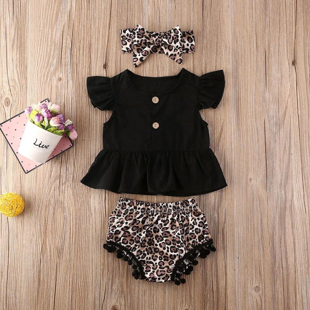 3Pcs Baby Girl Flying Sleeve Top + Leopard Print / Flower Shorts +Headband