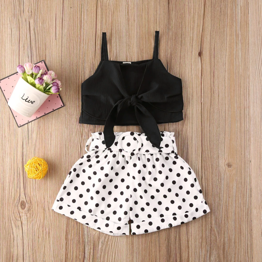 Toddler Summer Suit, Spaghetti Straps Knotted Vest+Polka Dot Shorts Outfit