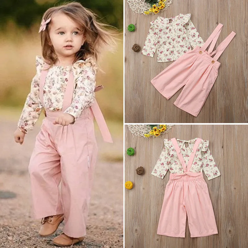 Baby Girls Spring Clothes Set Floral Long Sleeve Tops Solid Color Overalls