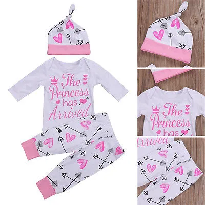 Newborn Baby Long Sleeve Romper + Print Long Pants + Hat + Headband