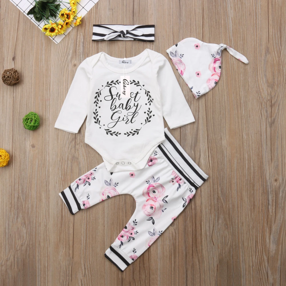 Sweet Baby Girl Romper with Flower Long Pants, Headband and Hat