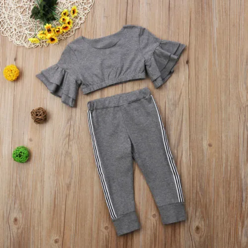 Girl 2 Pieces Outfit, Lantern Short Sleeve Tops + Sweatpants Set