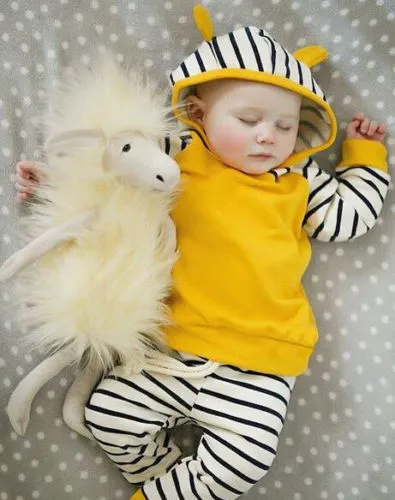 Baby Boy Girl Strip Print Hoodie Sweatshirt Top +Long Pant Outfit Sets