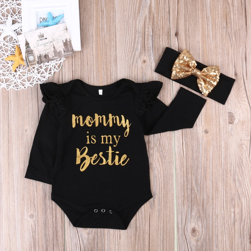 Infant Baby Girls Long Sleeve Letter Romper Bodysuit + bow Sequins Headband