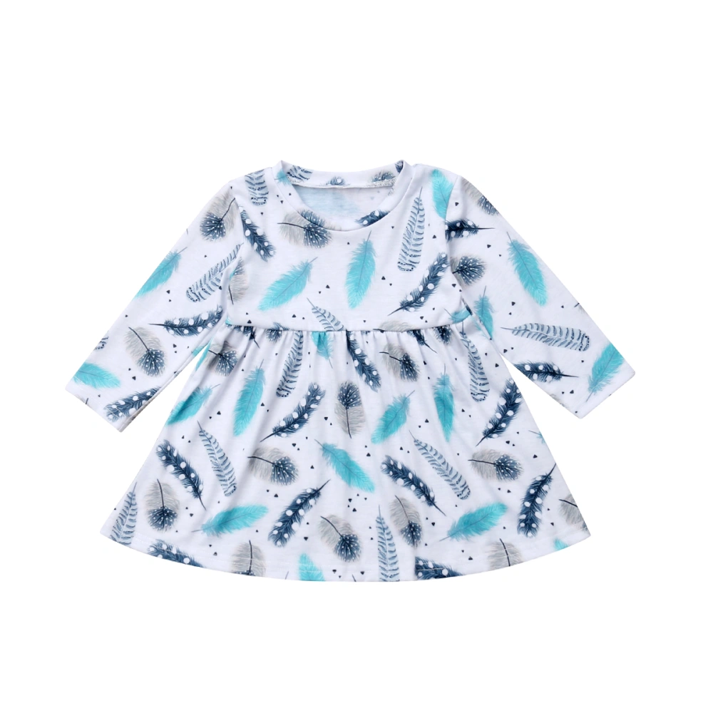 Girl's Autumn Long Sleeve Round Neck Feather Print A-Line Dress