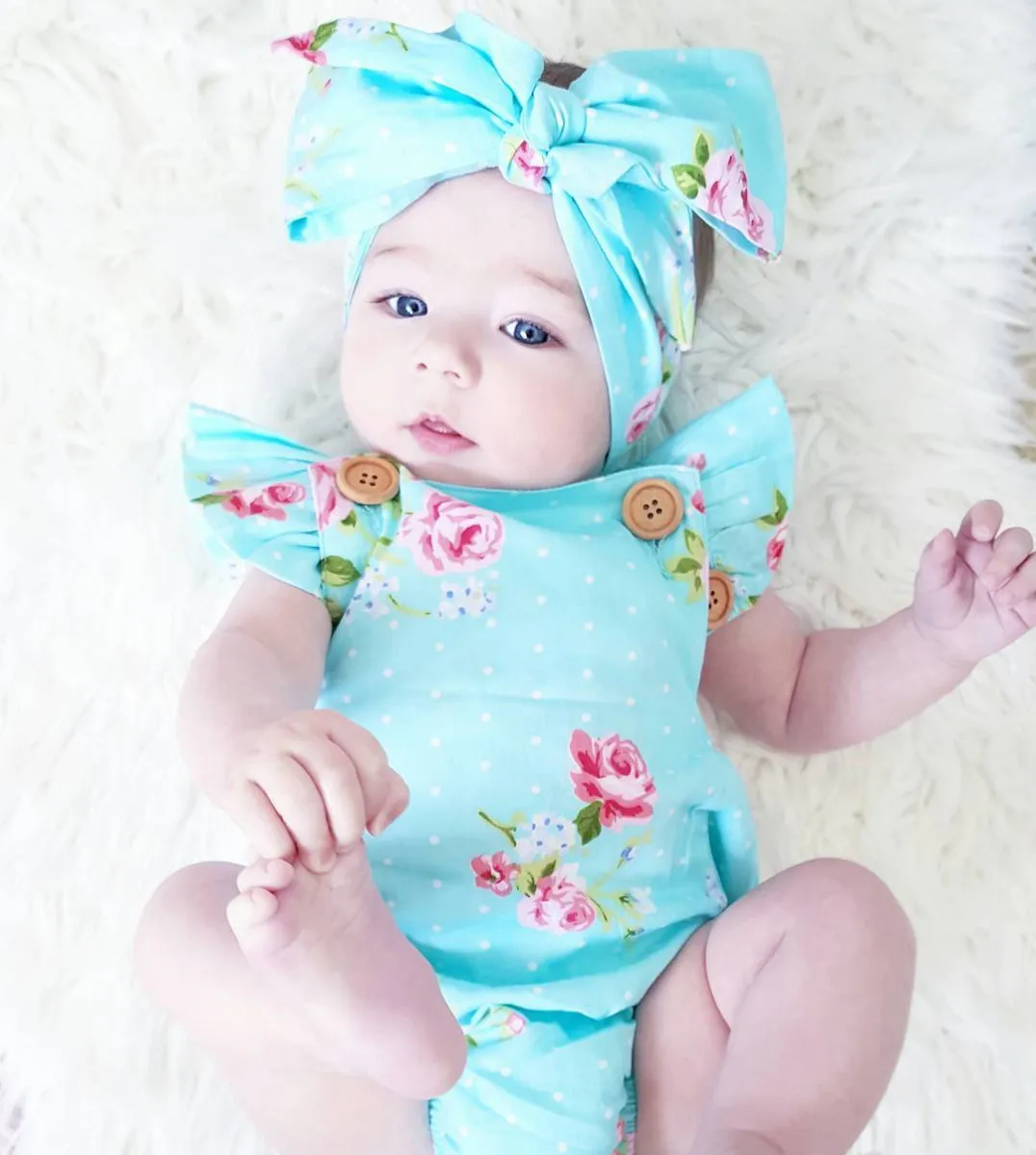 Baby Girls 2 Pieces Outfits, Newborn Infant Floral Romper+Headband