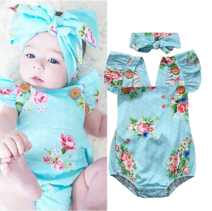 Baby Girls 2 Pieces Outfits, Newborn Infant Floral Romper+Headband