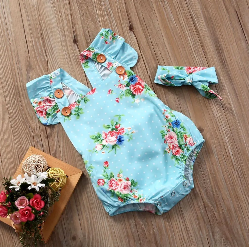 Baby Girls 2 Pieces Outfits, Newborn Infant Floral Romper+Headband