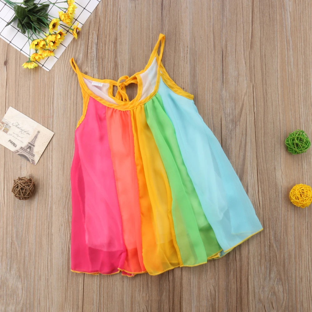 Toddler Kids Girls Summer Dress Rainbow Stripe Sleeveless Sling Dress