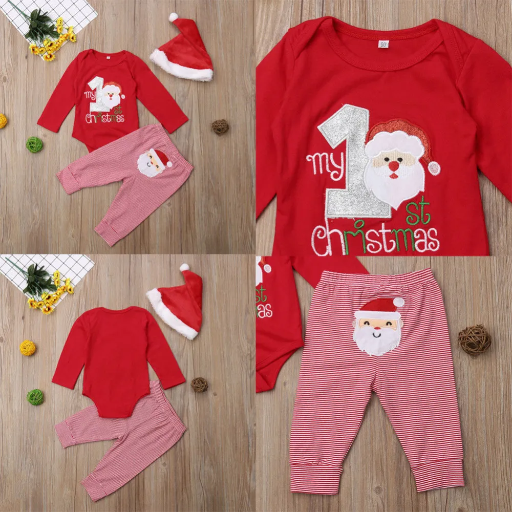 3 Pcs Baby's Christmas Suit, Letter Print Romper, Stripe Trousers, Santa Hat