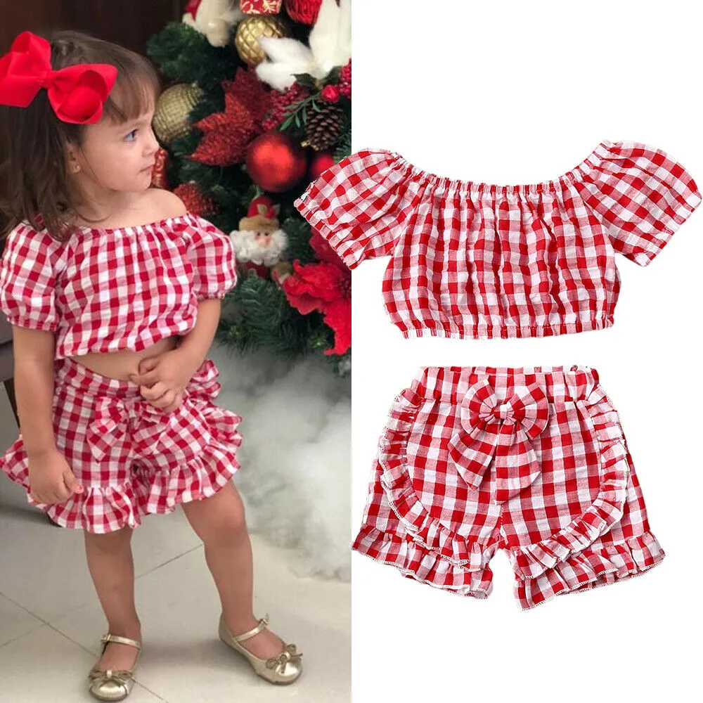 Girls Two-Piece Clothing Set, Plaid Short Tops + Elastic Waist Shorts