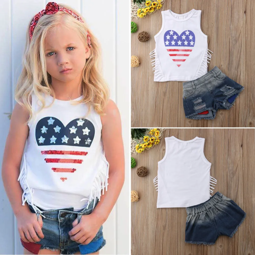 Girls Breeches Set Tassels Five-pointed Star Vest Rags Shorts Suit