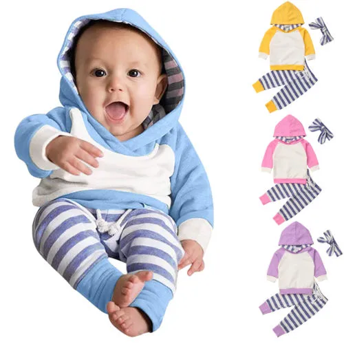 Baby 3PCS Outfit Set, Long Sleeve Hoodie Top, Long Striped Pant, Hair Band/Hat