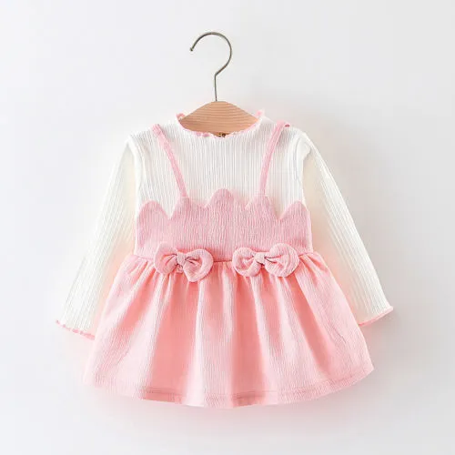 Girls Pink Princess Skirt Long Sleeve Stitching Stylish Casual Dress