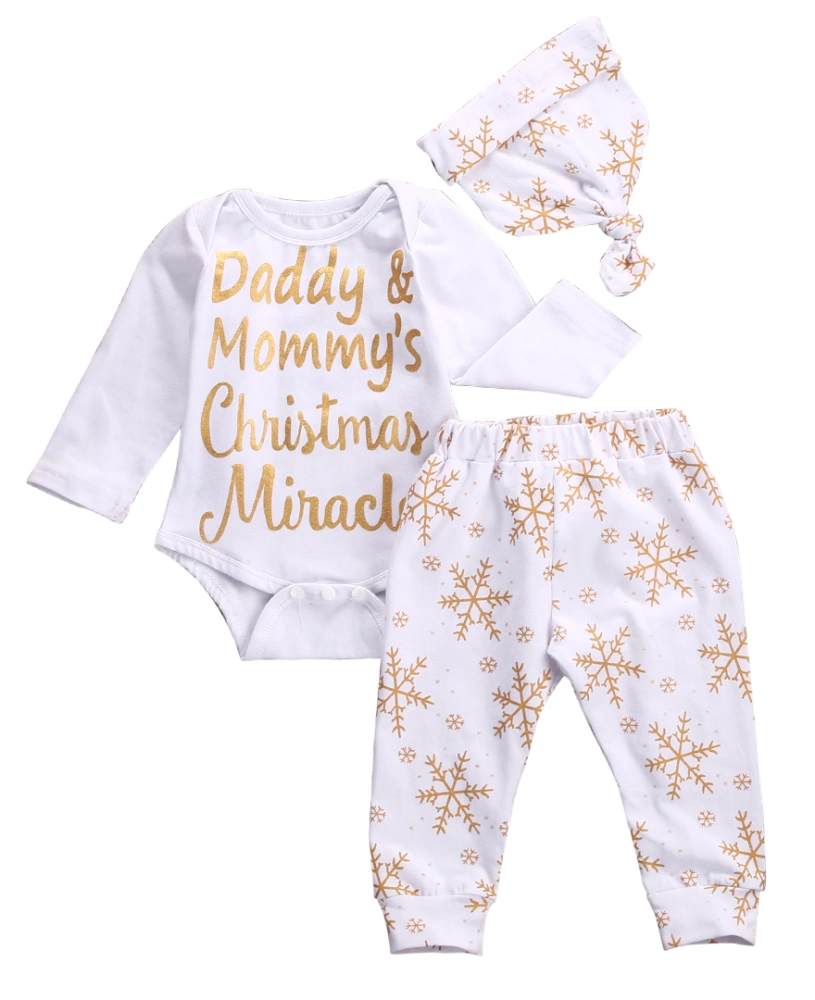 Baby Girls 3PCS Outfit Set, Letter Romper, Long Snowflake Pants, Beanie Hat Set