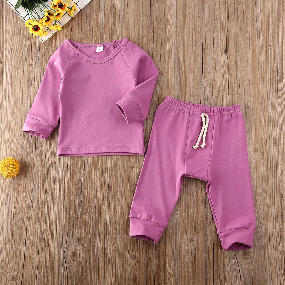 Infant Baby Plain Clothing Set, Round Neck Knitted Top + Elastic Long Pants