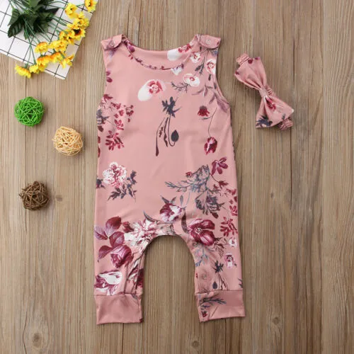 Baby Girls Summer Sleeveless Romper Flower Print Round Collar Jumpsuit+Headband